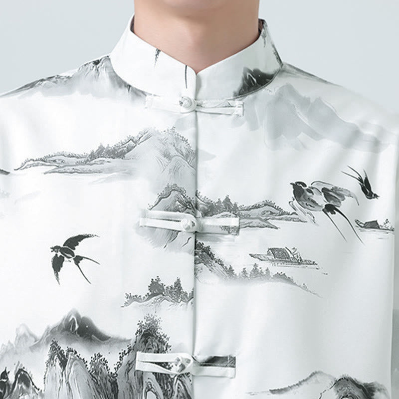 Buddha Stones Chemises à manches courtes pour hommes avec boutons grenouille et motif paysage imprimé à l'encre chinoise - image 8