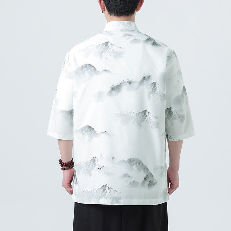 Buddha Stones Chemises à manches courtes pour hommes avec boutons grenouille et motif paysage imprimé à l'encre chinoise - image 13