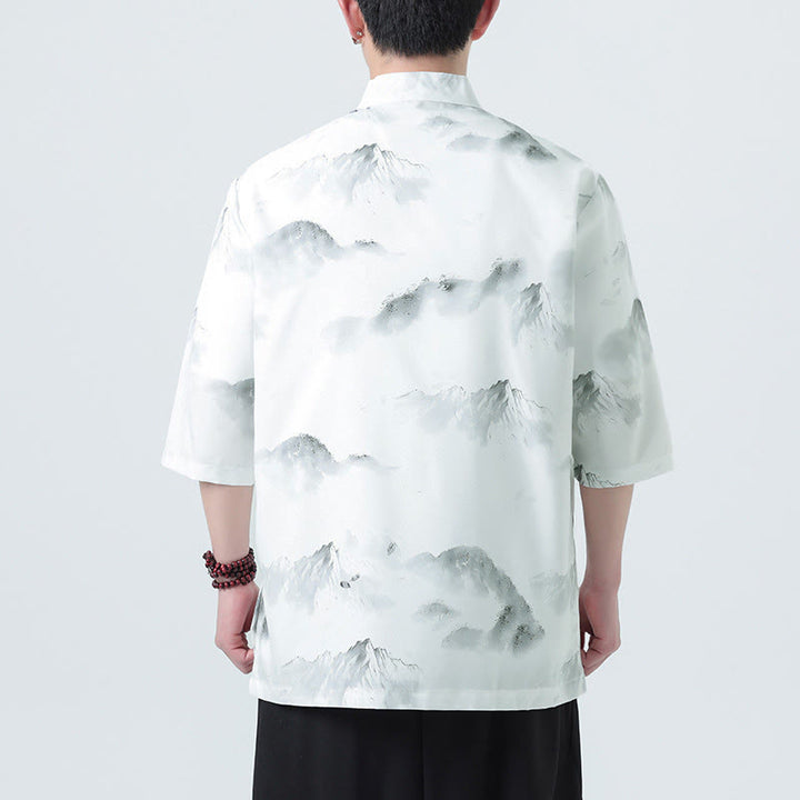 Buddha Stones Chemises à manches courtes pour hommes avec boutons grenouille et motif paysage imprimé à l'encre chinoise - image 13