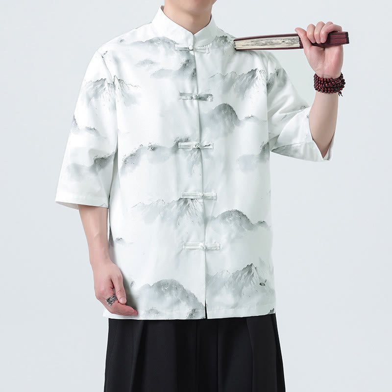 Buddha Stones Chemises à manches courtes pour hommes avec boutons grenouille et motif paysage imprimé à l'encre chinoise - image 11