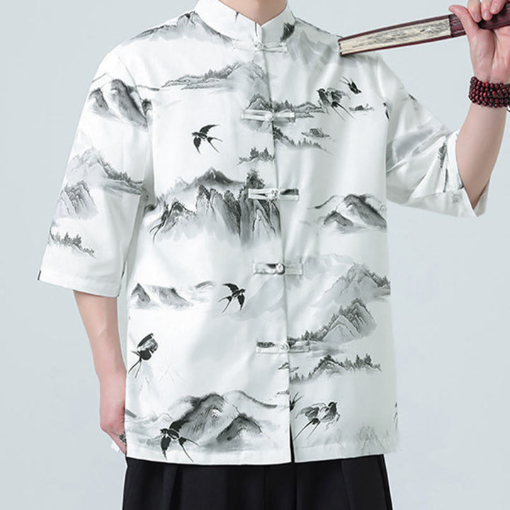 Buddha Stones Chemises à manches courtes pour hommes avec boutons grenouille et motif paysage imprimé à l'encre chinoise - Motif Hirondelle et Montagne - US/UK/AU46，EU56 (5XL) - image 0