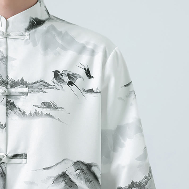 Buddha Stones Chemises à manches courtes pour hommes avec boutons grenouille et motif paysage imprimé à l'encre chinoise - image 9