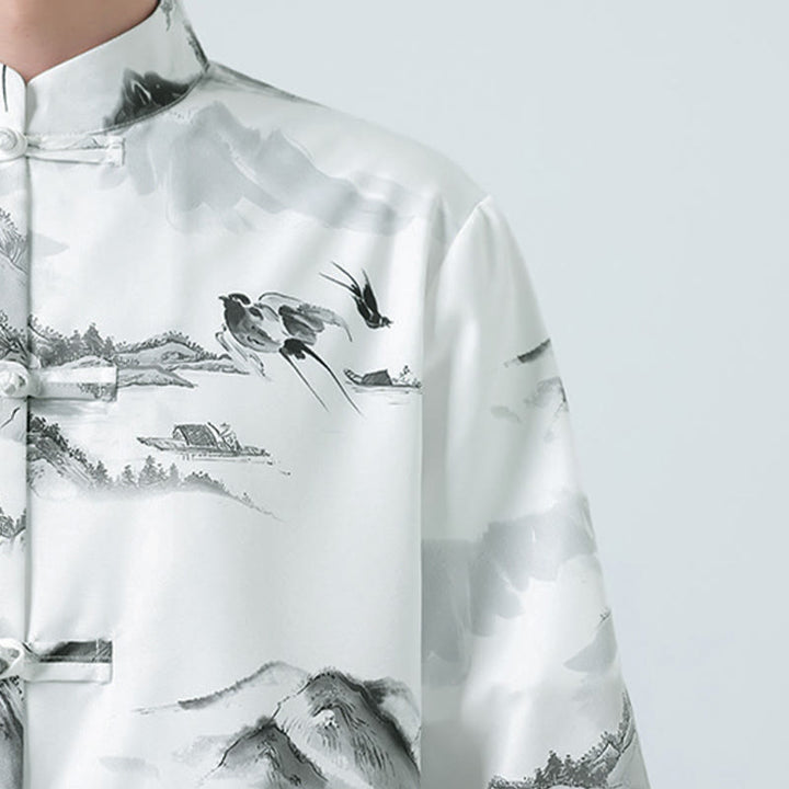 Buddha Stones Chemises à manches courtes pour hommes avec boutons grenouille et motif paysage imprimé à l'encre chinoise - image 9