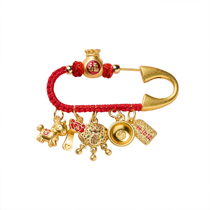 Buddha Stones Année du Cheval Charme Fu Caractère Attirer la Fortune Ruyi Poignée Laiton Broche Porte-Bonheur - image 4