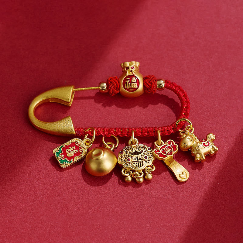Buddha Stones Année du Cheval Charme Fu Caractère Attirer la Fortune Ruyi Poignée Laiton Broche Porte-Bonheur - Personnage Horse Peace Fu - image 0
