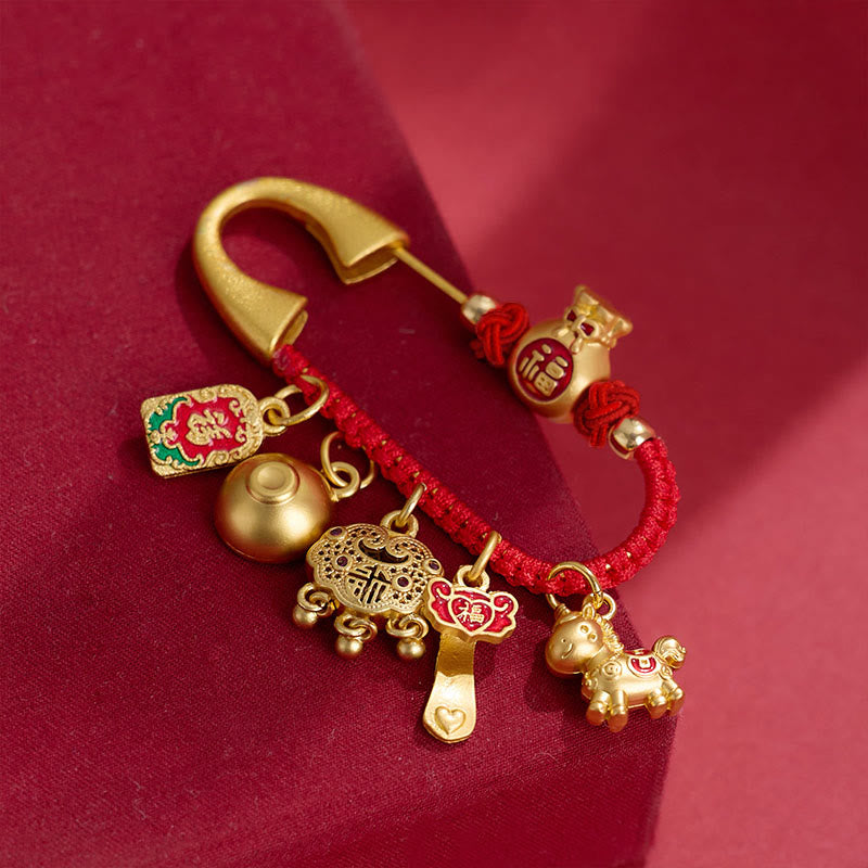 Buddha Stones Année du Cheval Charme Fu Caractère Attirer la Fortune Ruyi Poignée Laiton Broche Porte-Bonheur - image 1