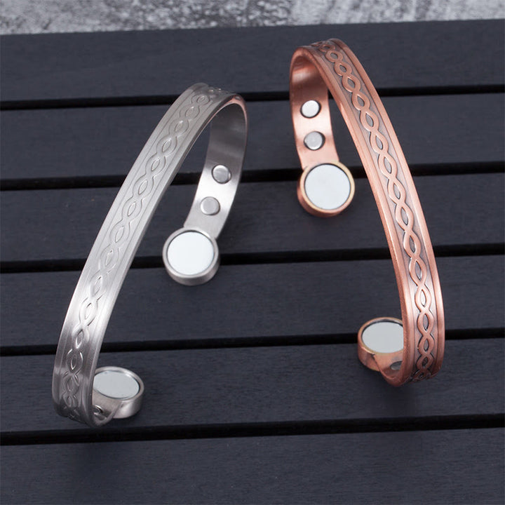 Buddha Stones Bracelet jonc ouvert en cuivre à motif de boucles entrelacées, symbole de chance et d'équilibre. - image 11