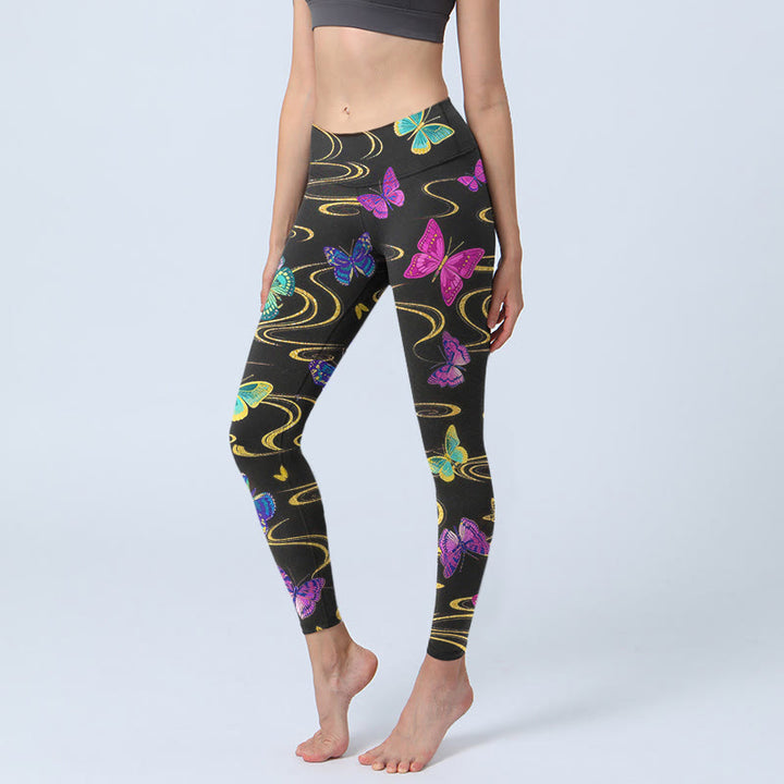 Buddha Stones Leggings de sport pour femmes, imprimé papillons à contraste élevé, pantalon de yoga - Noir - US18，UK/AU22，EU50 (4XL) - image 0