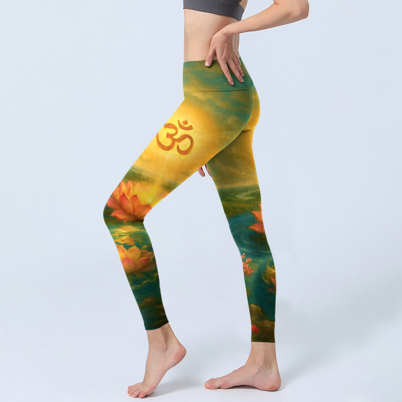 Buddha Stones Leggings de sport pour femmes avec imprimé symétrique de fleurs de lotus, petits arbres et nuages, motif Om et symbole Om. - image 2