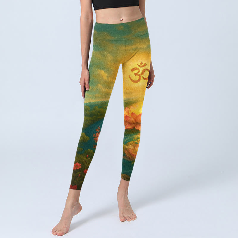 Buddha Stones Leggings de sport pour femmes avec imprimé symétrique de fleurs de lotus, petits arbres et nuages, motif Om et symbole Om. - image 5