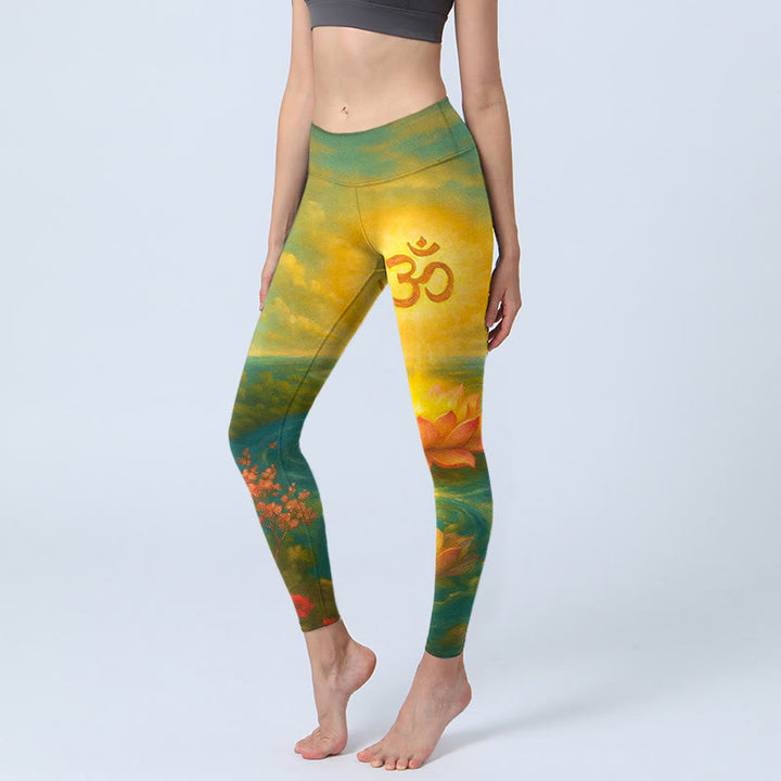 Buddha Stones Leggings de sport pour femmes avec imprimé symétrique de fleurs de lotus, petits arbres et nuages, motif Om et symbole Om. - Vert - US18，UK/AU22，EU50 (4XL) - image 0
