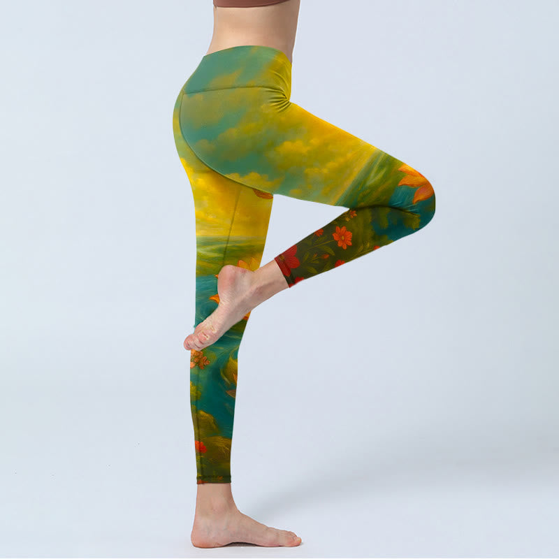 Buddha Stones Leggings de sport pour femmes avec imprimé symétrique de fleurs de lotus, petits arbres et nuages, motif Om et symbole Om. - image 3