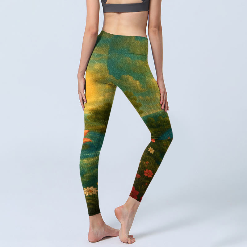 Buddha Stones Leggings de sport pour femmes avec imprimé symétrique de fleurs de lotus, petits arbres et nuages, motif Om et symbole Om. - image 4