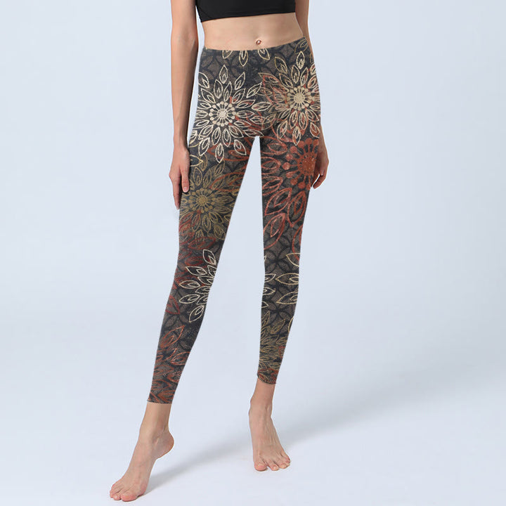 Buddha Stones Leggings de sport pour femmes, imprimé floral rétro symétrique, pantalon de yoga - image 5