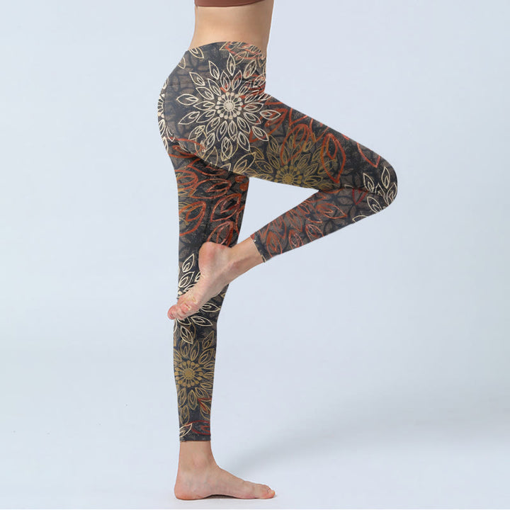 Buddha Stones Leggings de sport pour femmes, imprimé floral rétro symétrique, pantalon de yoga - image 3