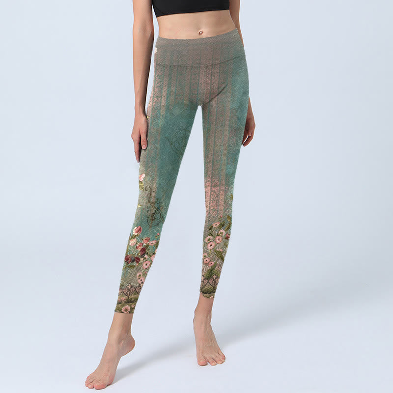 Buddha Stones Leggings de sport pour femmes avec imprimé symétrique rétro de fleurs, feuilles et vignes. Pantalon de yoga - image 5