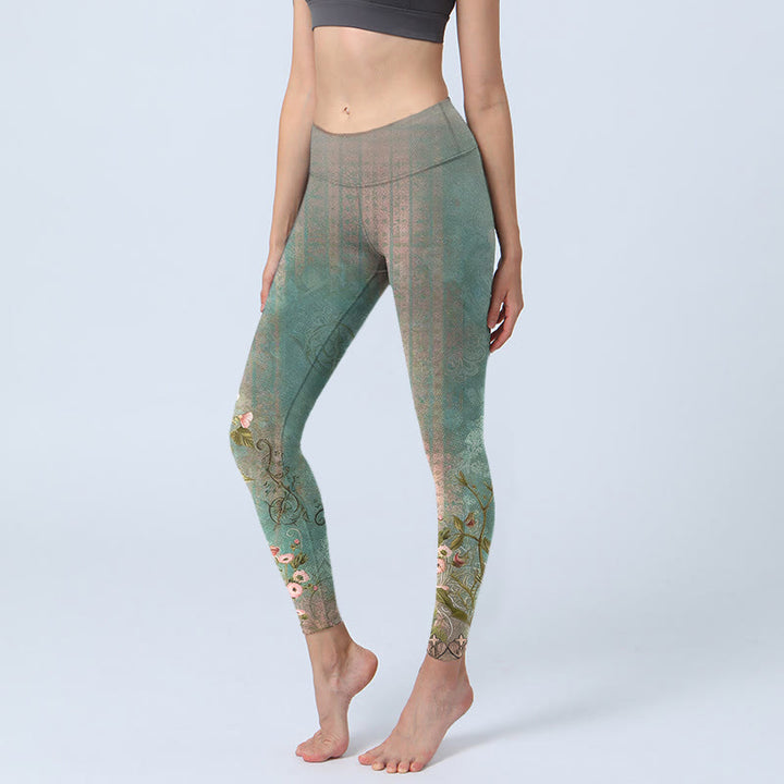 Buddha Stones Leggings de sport pour femmes avec imprimé symétrique rétro de fleurs, feuilles et vignes. Pantalon de yoga - Vert clair - US18，UK/AU22，EU50 (4XL) - image 0
