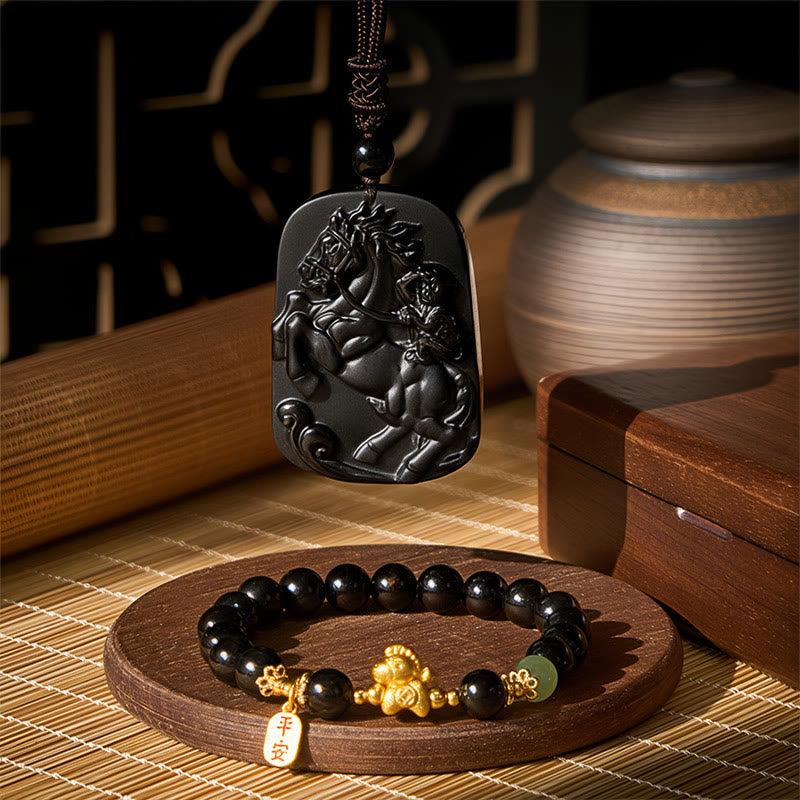 Buddha Stones Ensemble de force en obsidienne noire et jade Hetian de l'année du Cheval - Pack de force en obsidienne noire pour chevaux - image 0