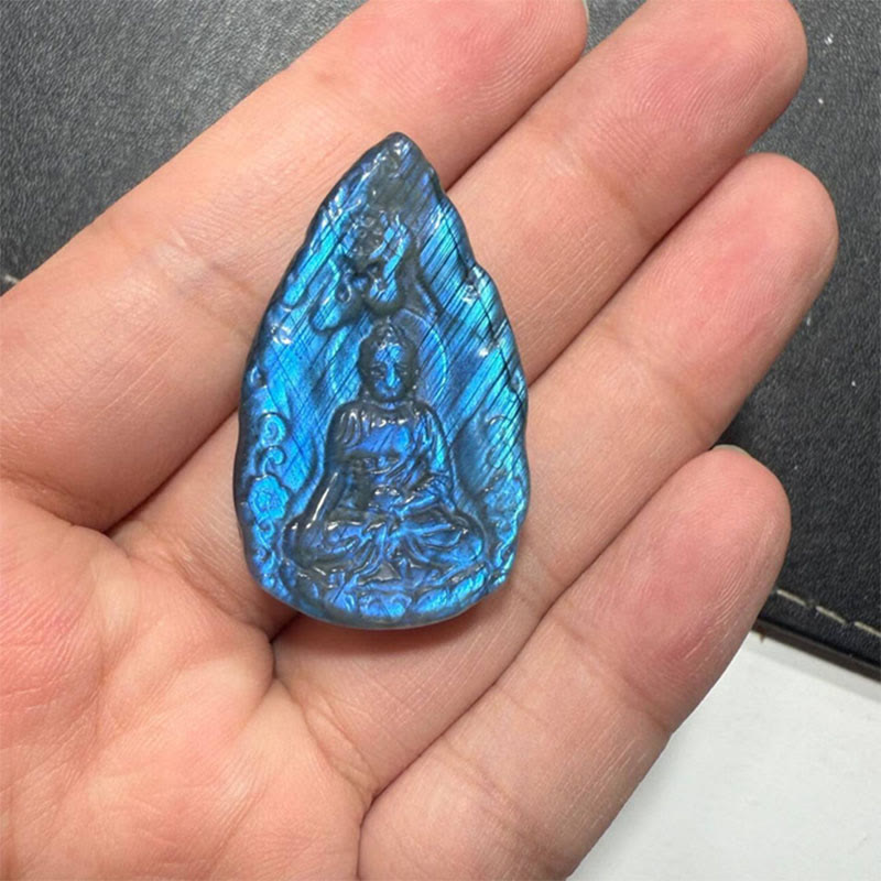 Buddha Stones Statuette de Bouddha en labradorite naturelle gravée, en forme de larme, pour la décoration intérieure. - Bouddha bleu 3,5 x 3,5 x 0,8 cm - image 8