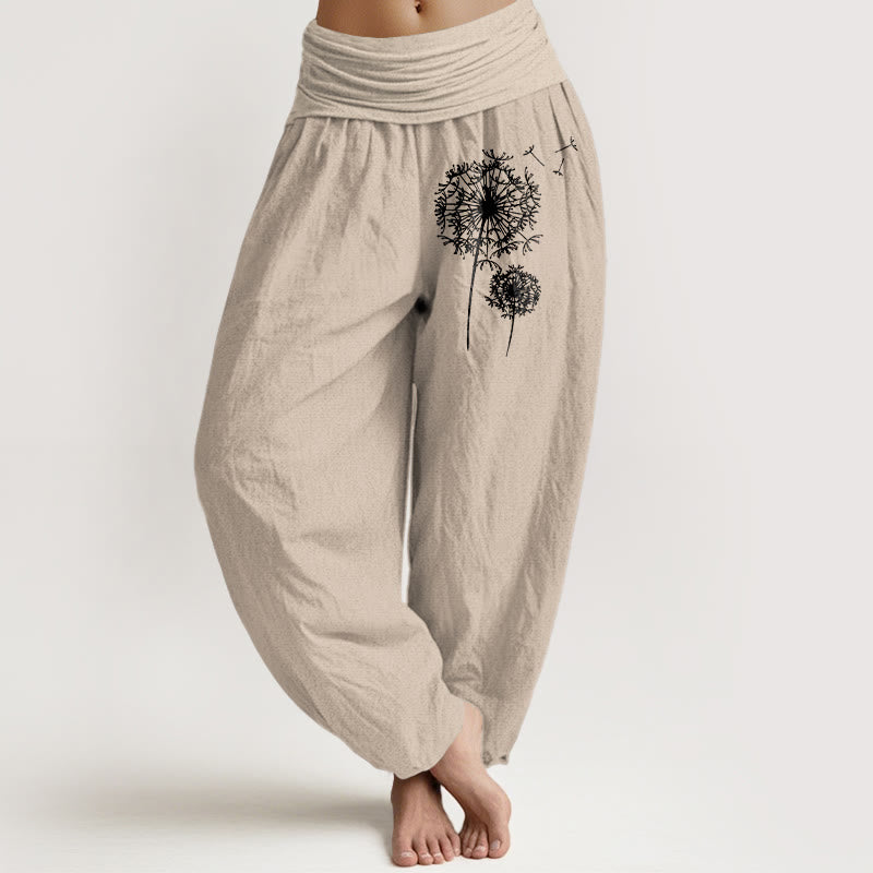 Buddha Stones Pantalon harem femme en pur coton, style minimaliste, motif pissenlit, taille élastique - Tanné - US16，UK/AU20，EU48 (3XL) - image 0