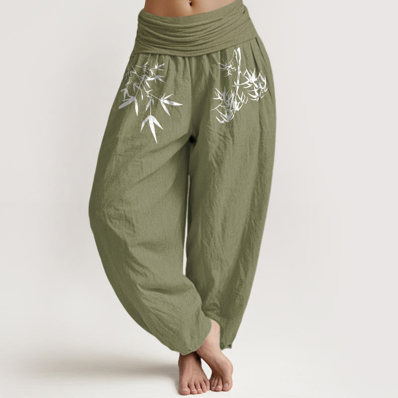 Buddha Stones Pantalon harem pour femme, en pur coton, style minimaliste, motif feuille de bambou, taille élastique - Vert olive - US16，UK/AU20，EU48 (3XL) - image 0