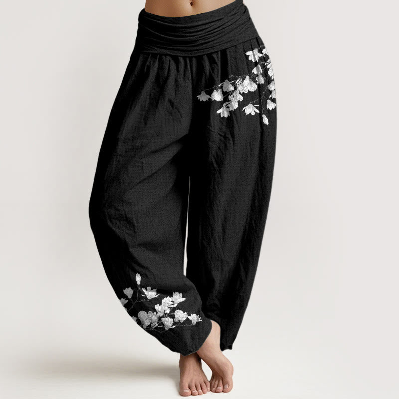 Buddha Stones Pantalon harem pour femme, en pur coton, style minimaliste, motif fleur de magnolia, taille élastique - Noir - US16，UK/AU20，EU48 (3XL) - image 0
