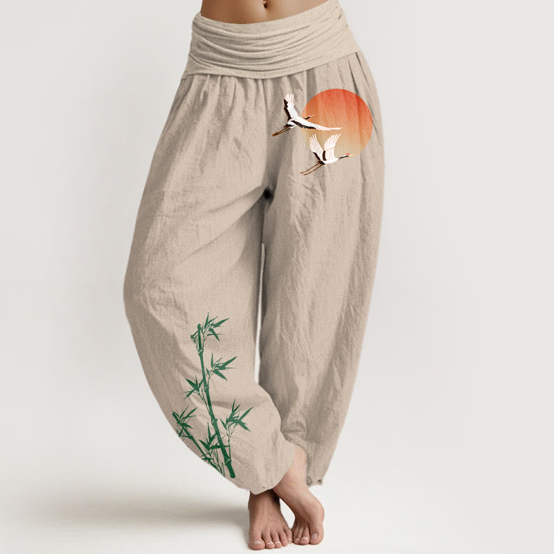 Buddha Stones Pantalon harem pour femme en pur coton, élégant, à motif de grue du soleil et bambou, taille élastique - Tanné - US16，UK/AU20，EU48 (3XL) - image 0