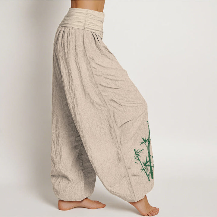Buddha Stones Pantalon harem pour femme en pur coton, élégant, à motif de grue du soleil et bambou, taille élastique - image 2