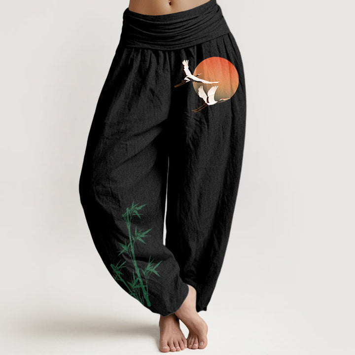 Buddha Stones Pantalon harem pour femme en pur coton, élégant, à motif de grue du soleil et bambou, taille élastique - Noir - US16，UK/AU20，EU48 (3XL) - image 5