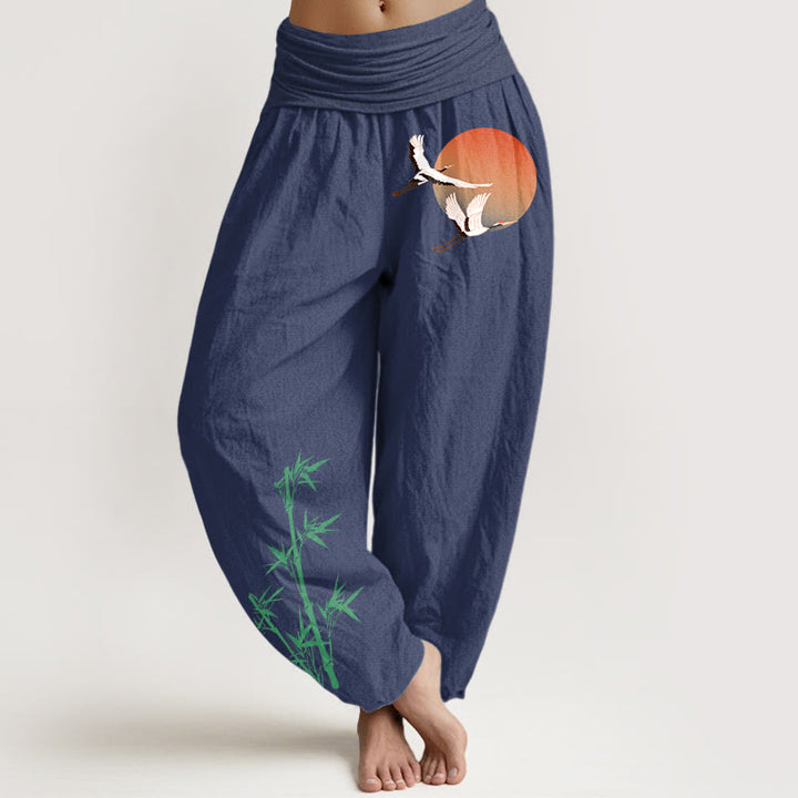 Buddha Stones Pantalon harem pour femme en pur coton, élégant, à motif de grue du soleil et bambou, taille élastique - Bleu ardoise foncé - US16，UK/AU20，EU48 (3XL) - image 8