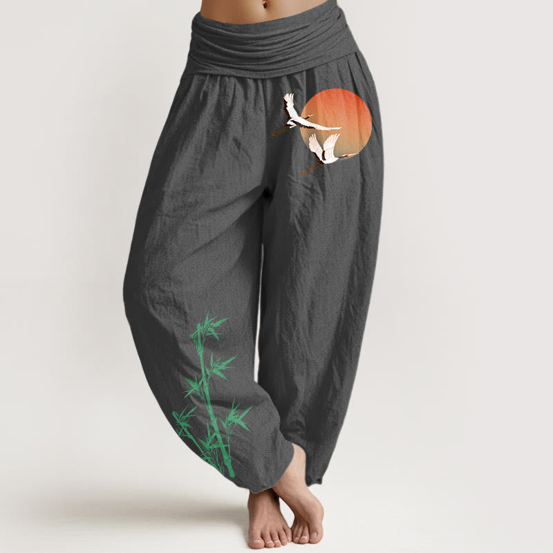 Buddha Stones Pantalon harem pour femme en pur coton, élégant, à motif de grue du soleil et bambou, taille élastique - Gris sombre - US16，UK/AU20，EU48 (3XL) - image 11