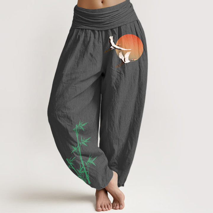 Buddha Stones Pantalon harem pour femme en pur coton, élégant, à motif de grue du soleil et bambou, taille élastique - Gris sombre - US16，UK/AU20，EU48 (3XL) - image 11