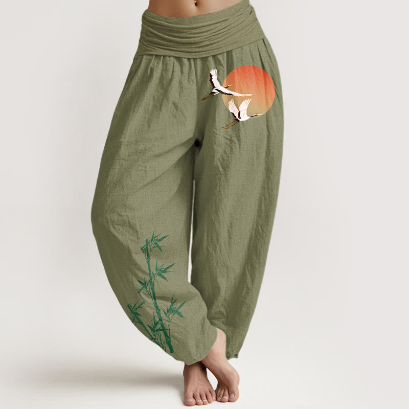 Buddha Stones Pantalon harem pour femme en pur coton, élégant, à motif de grue du soleil et bambou, taille élastique - Vert olive - US16，UK/AU20，EU48 (3XL) - image 14