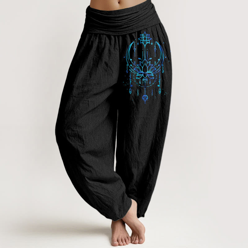 Buddha Stones Pantalon harem pour femme en pur coton, élégant motif lotus, taille élastique - Noir - US16，UK/AU20，EU48 (3XL) - image 0