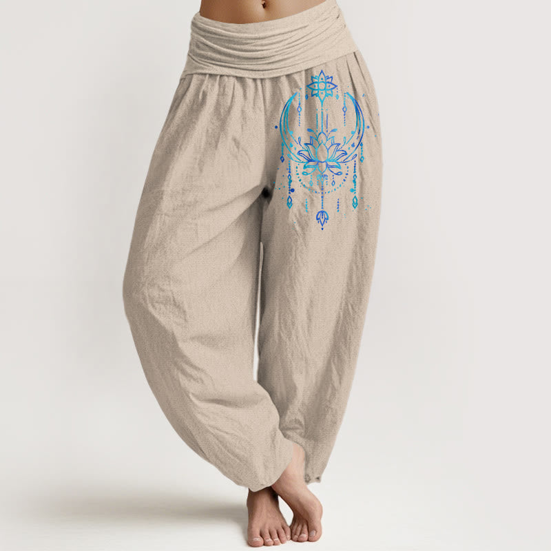 Buddha Stones Pantalon harem pour femme en pur coton, élégant motif lotus, taille élastique - Tanné - US16，UK/AU20，EU48 (3XL) - image 11