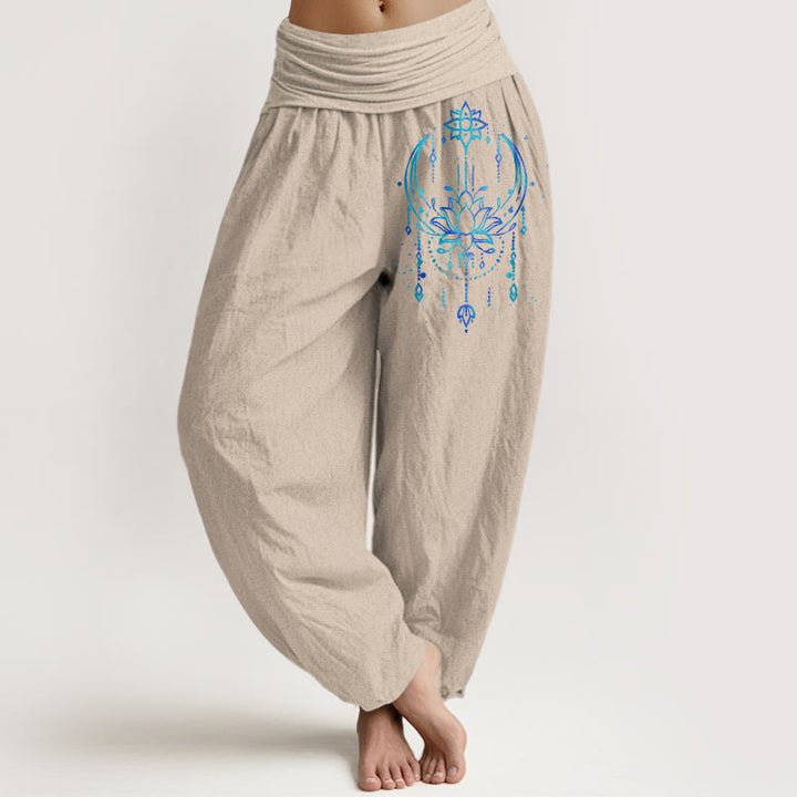 Buddha Stones Pantalon harem pour femme en pur coton, élégant motif lotus, taille élastique - Tanné - US16，UK/AU20，EU48 (3XL) - image 11
