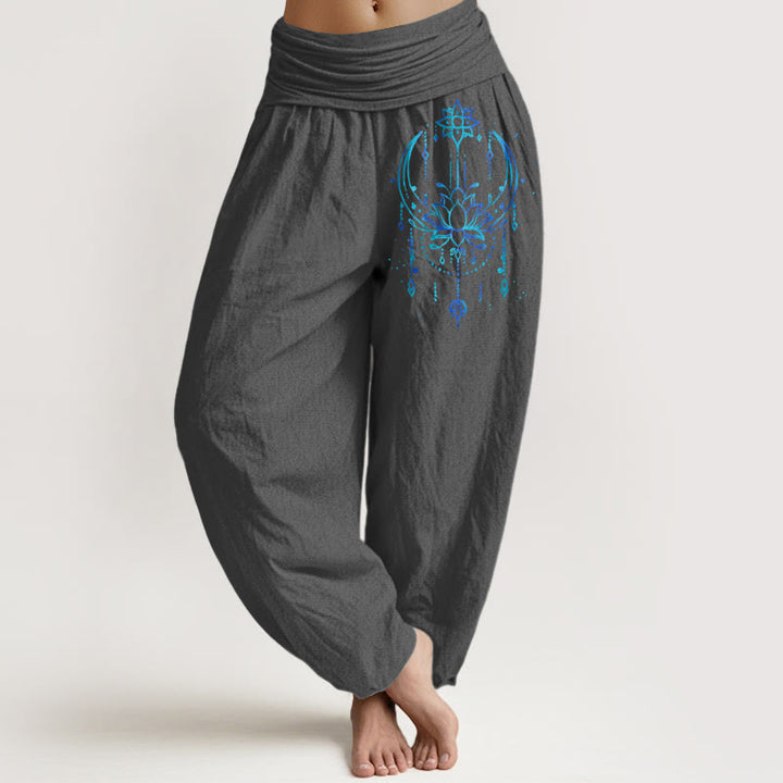 Buddha Stones Pantalon harem pour femme en pur coton, élégant motif lotus, taille élastique - Gris terne - US16，UK/AU20，EU48 (3XL) - image 8