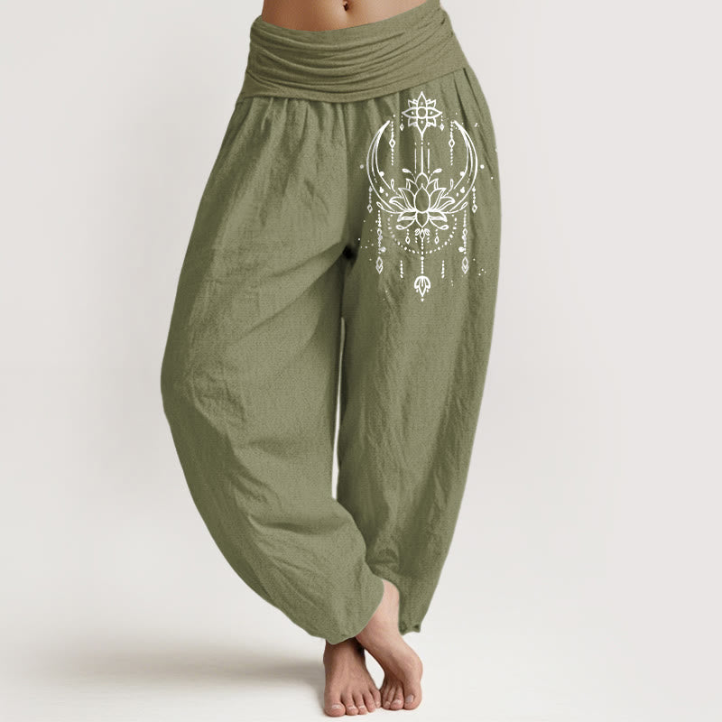 Buddha Stones Pantalon harem pour femme en pur coton, élégant motif lotus, taille élastique - Vert olive - US16，UK/AU20，EU48 (3XL) - image 14