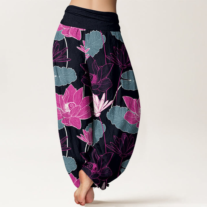 Buddha Stones Pantalon harem femme en pur coton à taille élastique, motif rétro de fleurs et feuilles de lotus - image 1