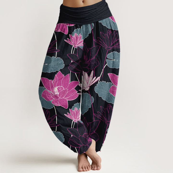 Buddha Stones Pantalon harem femme en pur coton à taille élastique, motif rétro de fleurs et feuilles de lotus - Noir - US16，UK/AU20，EU48 (3XL) - image 0