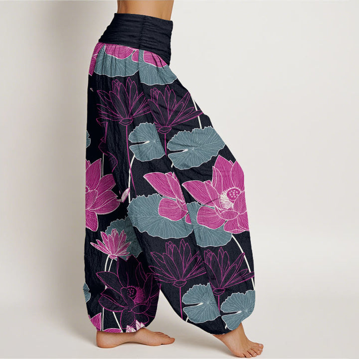 Buddha Stones Pantalon harem femme en pur coton à taille élastique, motif rétro de fleurs et feuilles de lotus - image 2