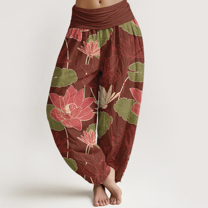 Buddha Stones Pantalon harem femme en pur coton à taille élastique, motif rétro de fleurs et feuilles de lotus - Brun - US16，UK/AU20，EU48 (3XL) - image 5