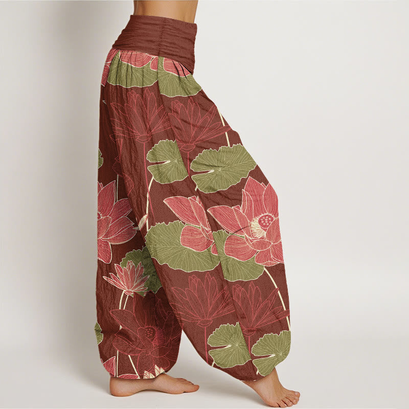 Buddha Stones Pantalon harem femme en pur coton à taille élastique, motif rétro de fleurs et feuilles de lotus - image 7