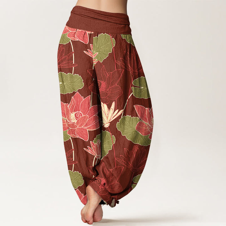 Buddha Stones Pantalon harem femme en pur coton à taille élastique, motif rétro de fleurs et feuilles de lotus - image 6
