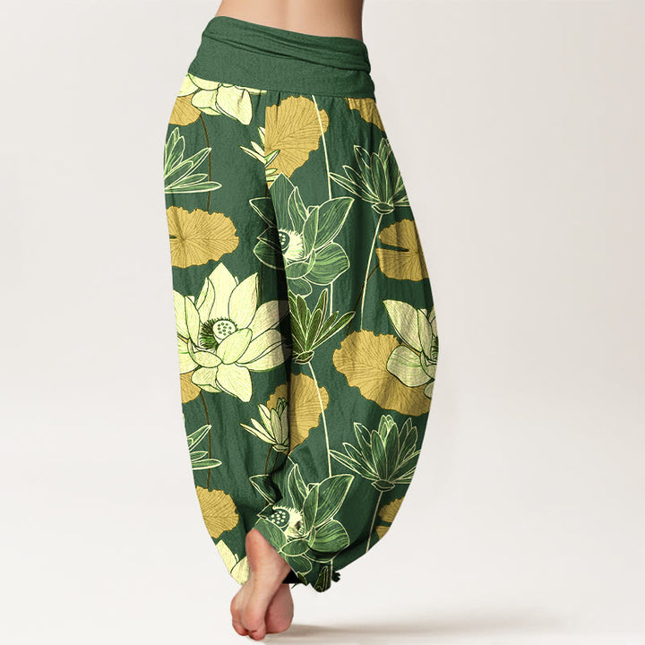 Buddha Stones Pantalon harem femme en pur coton à taille élastique, motif rétro de fleurs et feuilles de lotus - image 9