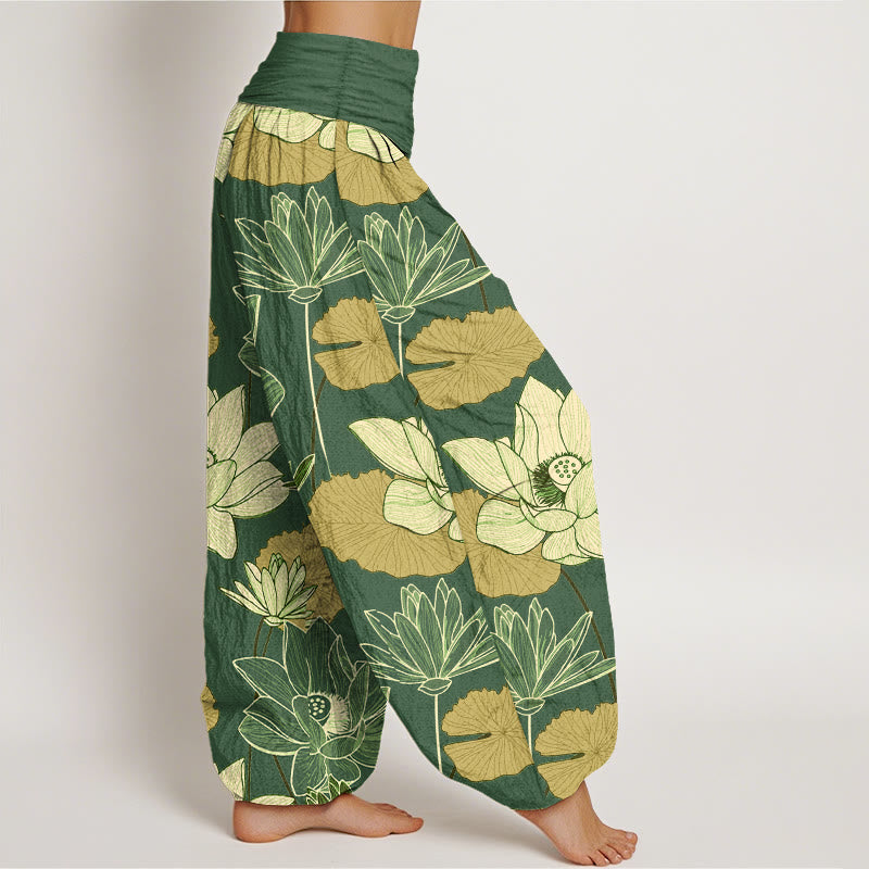 Buddha Stones Pantalon harem femme en pur coton à taille élastique, motif rétro de fleurs et feuilles de lotus - image 10