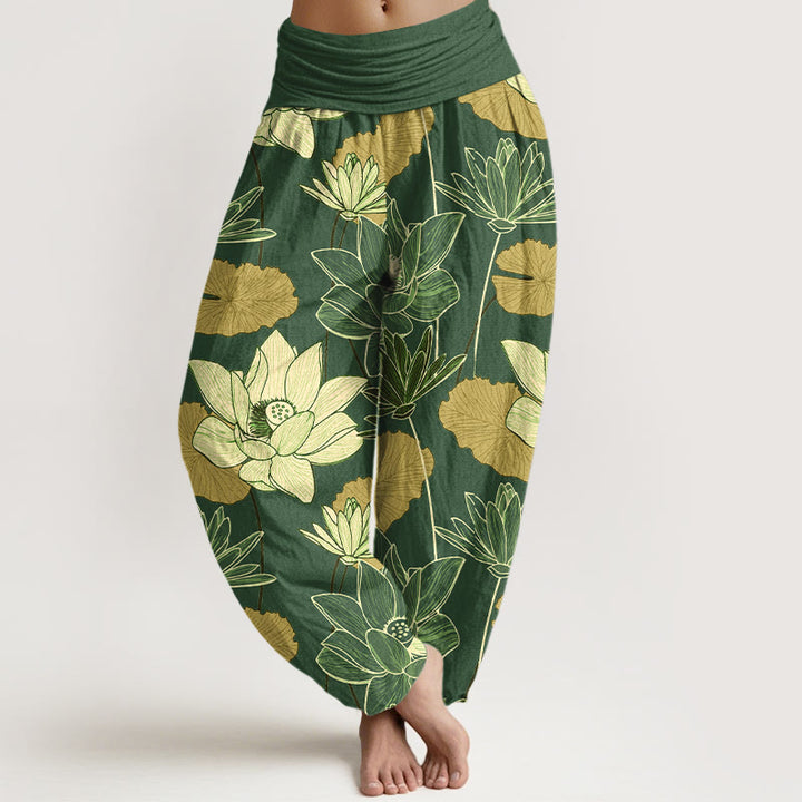 Buddha Stones Pantalon harem femme en pur coton à taille élastique, motif rétro de fleurs et feuilles de lotus - Vert - US16，UK/AU20，EU48 (3XL) - image 8