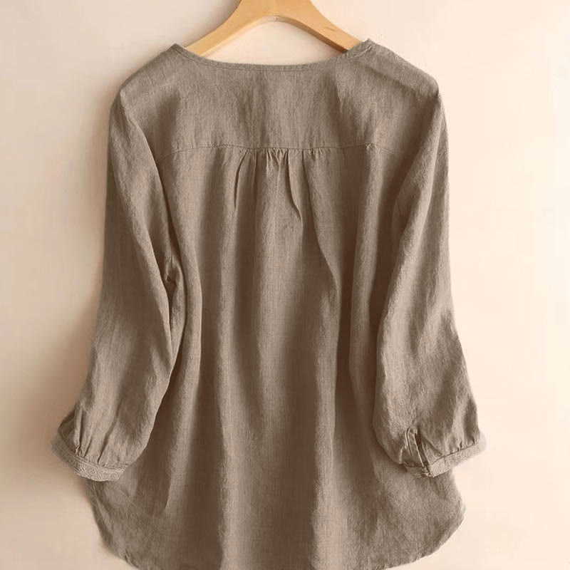 Chemise à manches trois-quarts pour femme, style décontracté, unie, à col rond ajouré, motif Buddha Stones - image 1