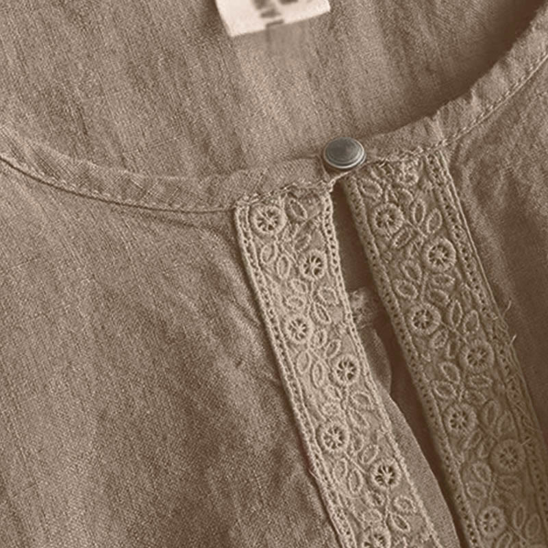 Chemise à manches trois-quarts pour femme, style décontracté, unie, à col rond ajouré, ornée de Buddha Stones - image 3