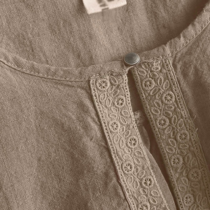 Chemise à manches trois-quarts pour femme, style décontracté, unie, à col rond ajouré, ornée de Buddha Stones - image 3